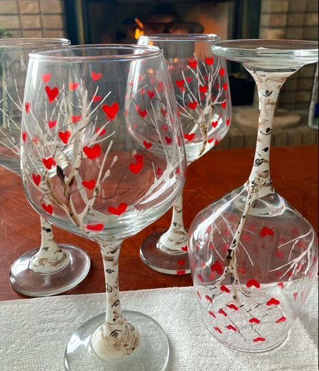 Hand Painted heart and aspen tree wine glasses